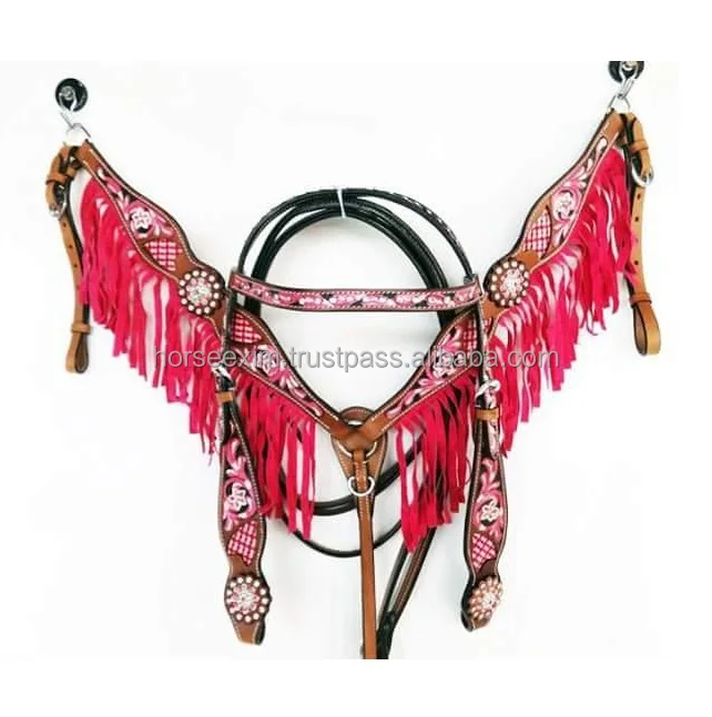 Leather Horse Western Tack Set With Colorful Red Color Fringes And Hand