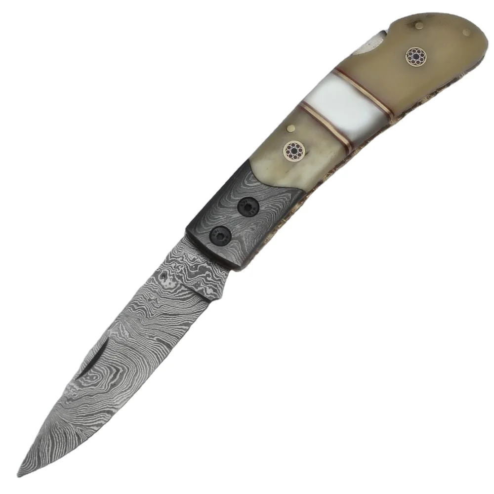 Custom Handmade Damascus Steel Back-Lock PocketFolding KnifeLeather Sheath