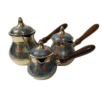 Brass Turkish Coffee Pot with Lid Enameled