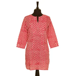 SALE Long KURTA TOP Style 3 Bright Red with White Motif 100% Cotton Block Printed Pintuck V-neck Long Sleeve Casual Top