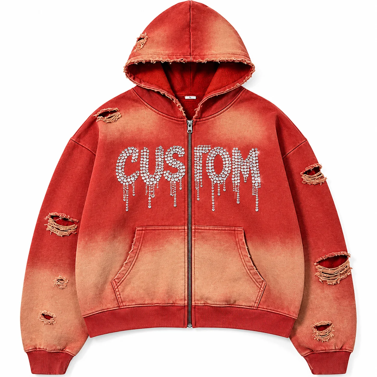 Custom Oversized Distressed Zip Up Hoodie Mens Streetwear Washed Rhinestone Graphic Long Sleeve Hoodie For Unisex Wear