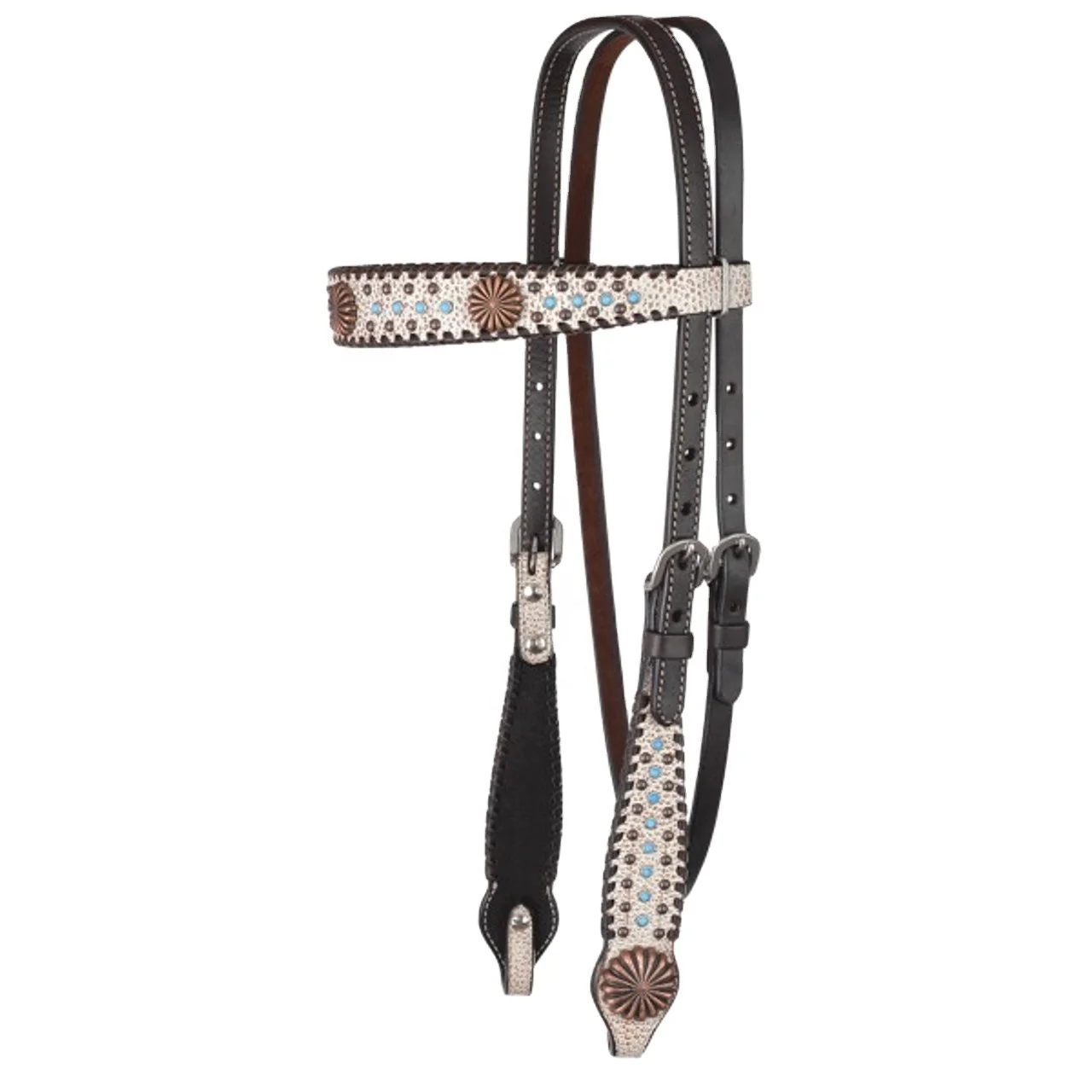 Genuine Cow Leather Studded Headstall With Buck Stitching/ Western Bridle Custom Manufacturer By