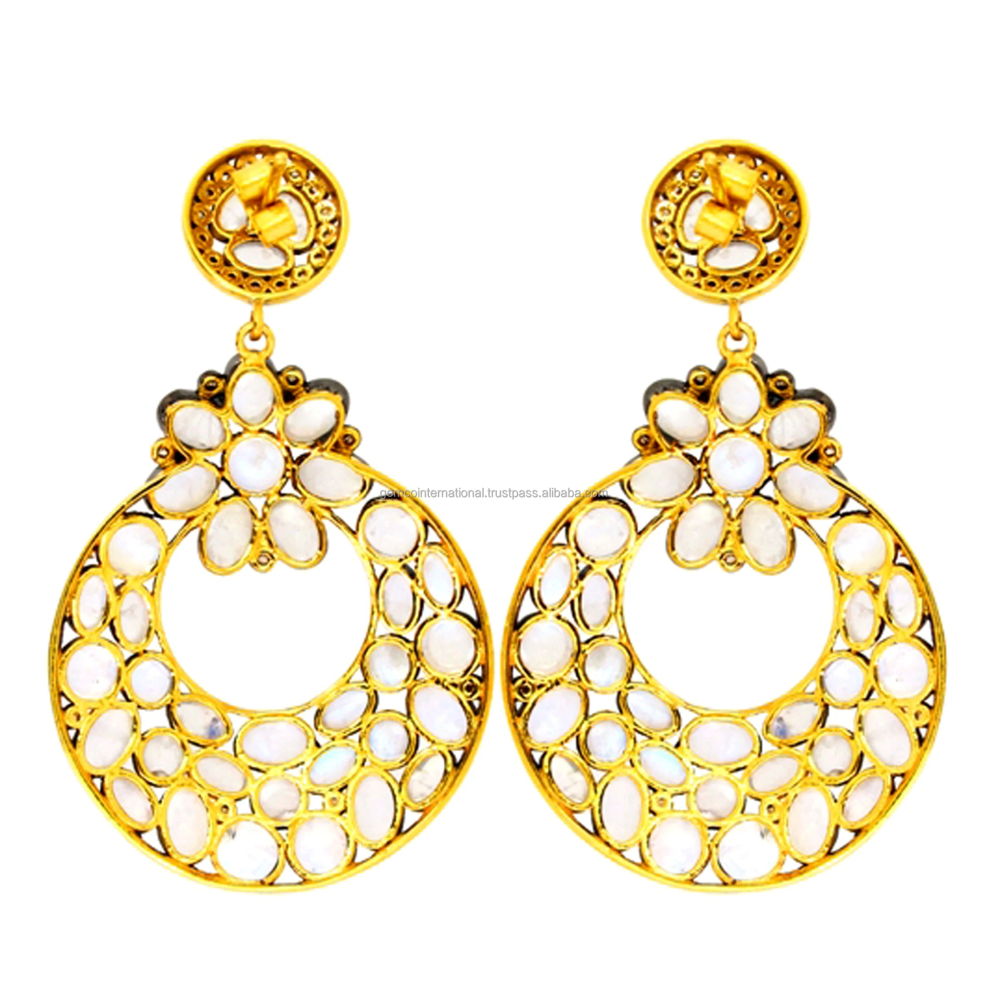 Natural Diamond Dangle Earrings 925 Silver Antique Design Indian