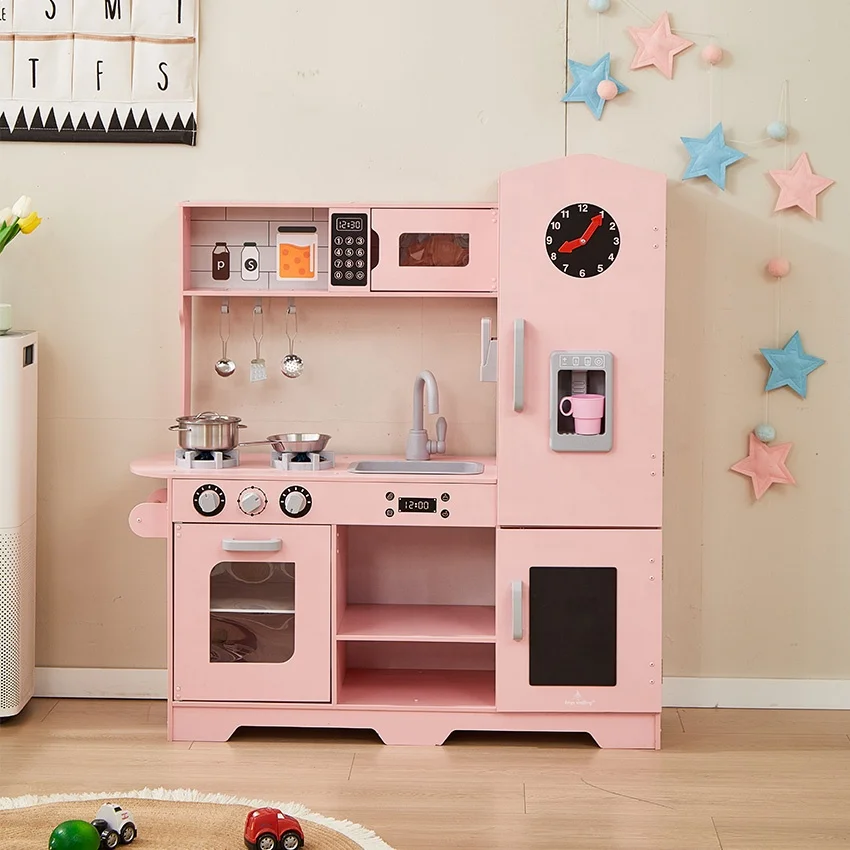 Latest Design Easy Assembly Wooden Kitchen Toy Set for Kids with  Kitchenware Ice Maker