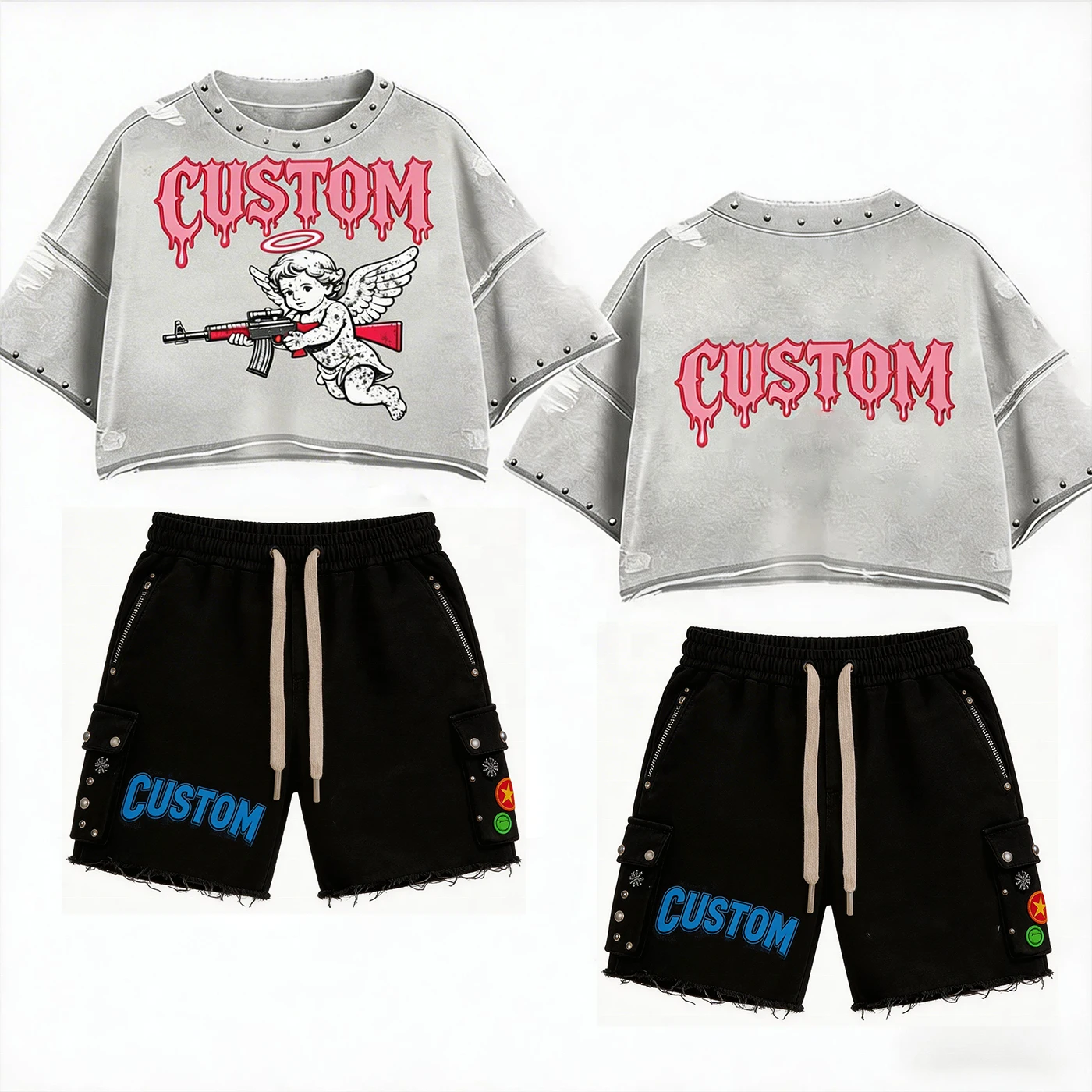 Glory Custom Distressed Graphic Print High Quality Men T Shirt Short Set Drop Shoulder 100% Cotton Crop T Shirt & Shorts