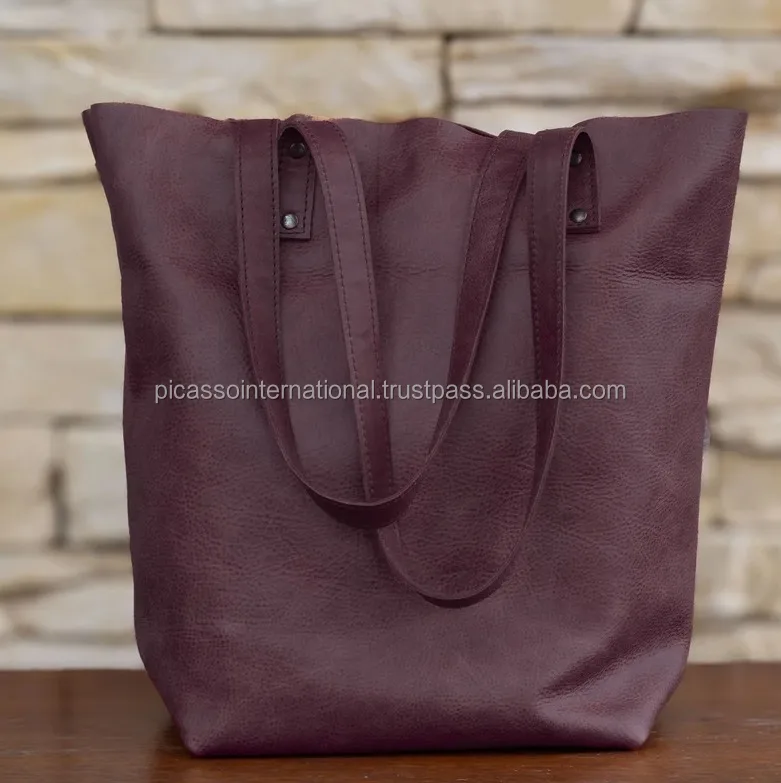 Manufacturer of Top Quality Bulk Supply Open Closure Type Cotton Fitting Women's Genuine Leather Tote Handbag for Sale