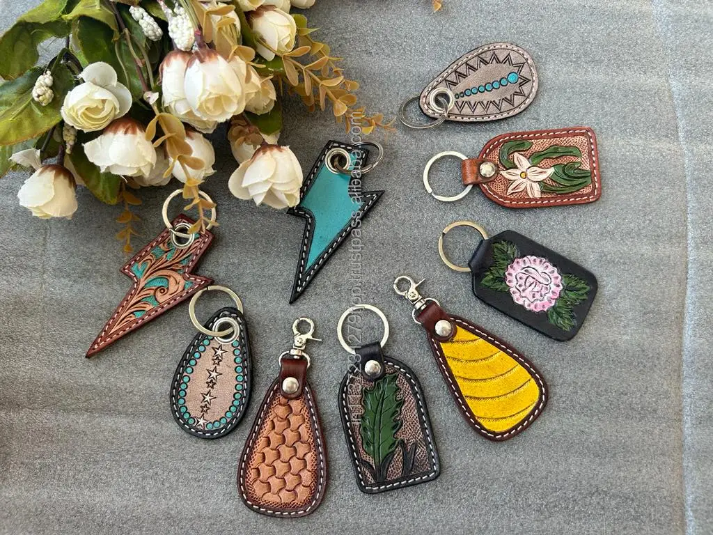 Hand Carved Tooled Leather Key Chains Cute Exotic Shape Leather Key Rings Tooled Leather