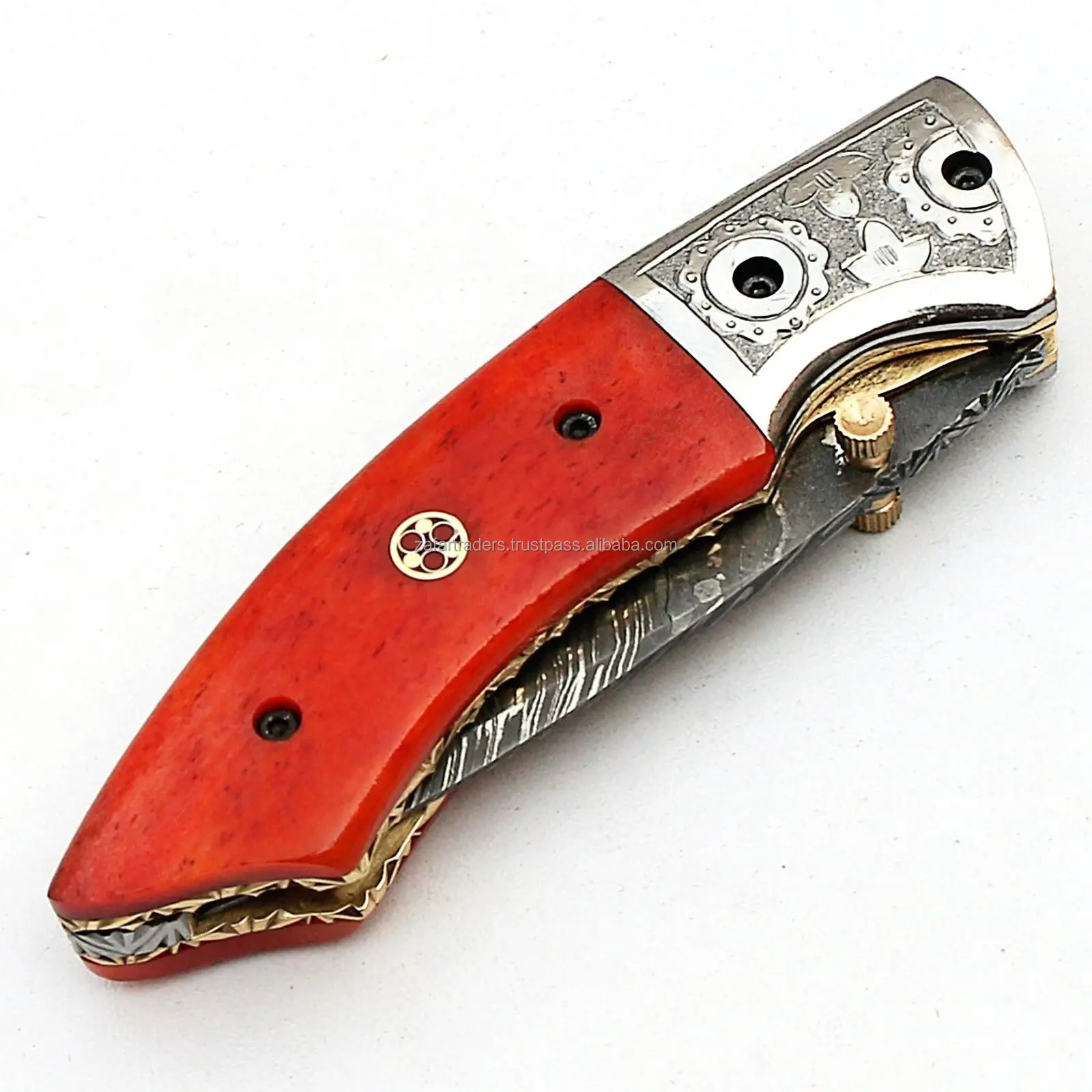 Red Custom Knives ZR ZT-F14 Industrial Grade Damascus Custom Handmade Folding Knife Red ...