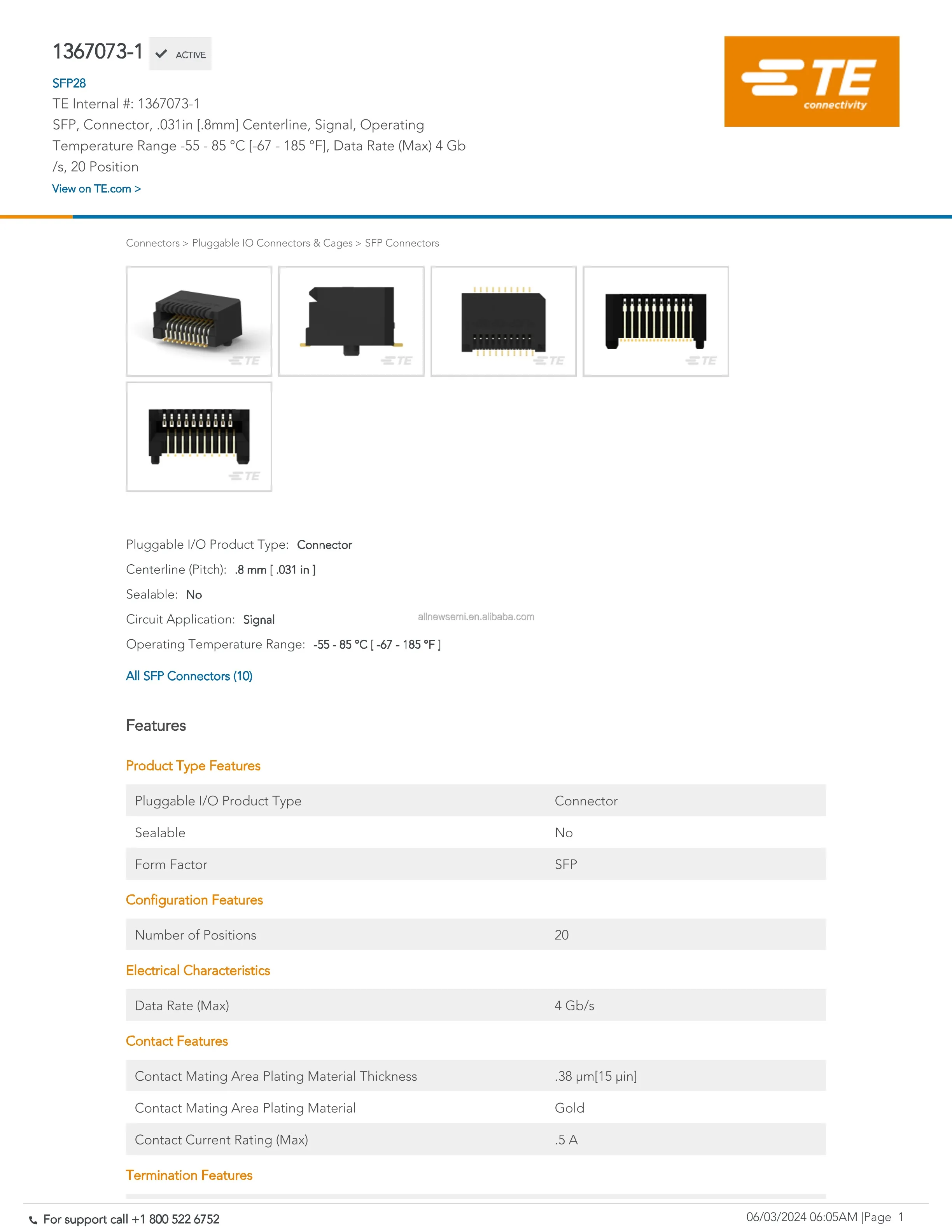 Hot sale Original 1367073-1 Pluggable Connector SFP RCPT 20POS SLD R/A SMD 20 Position Receptacle Connector Solder Surface Mount