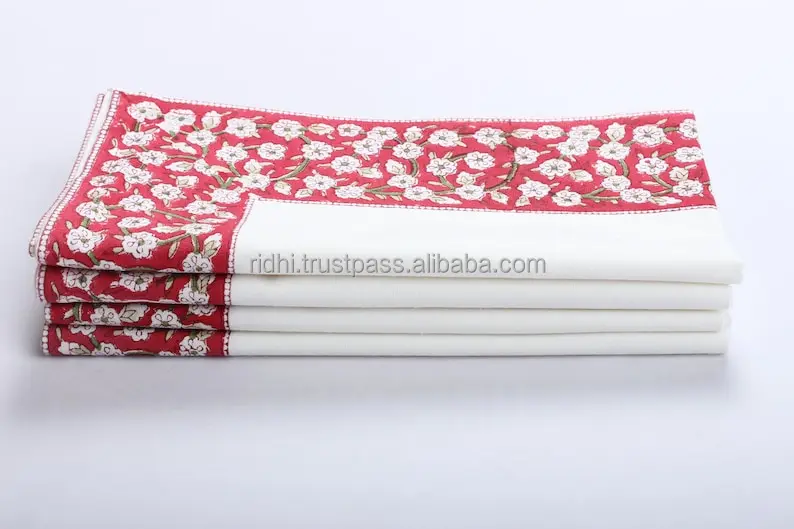 Border Napkins Falun Red Indian Floral Hand Block Printed Cloth Napkins