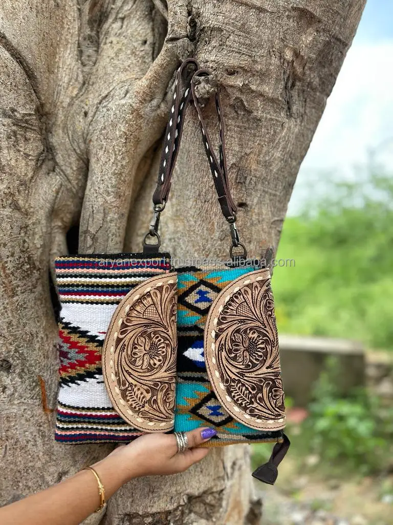 Aztec cherry semi circle hand embroidered designer clutch bag for women