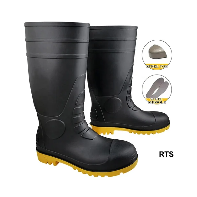 CE ISO20345 S4 S5 Rain Shoes Industrial Garden Mining Impact Proof Black Steel Toe Steel Midsole Wellington PVC Gumboots