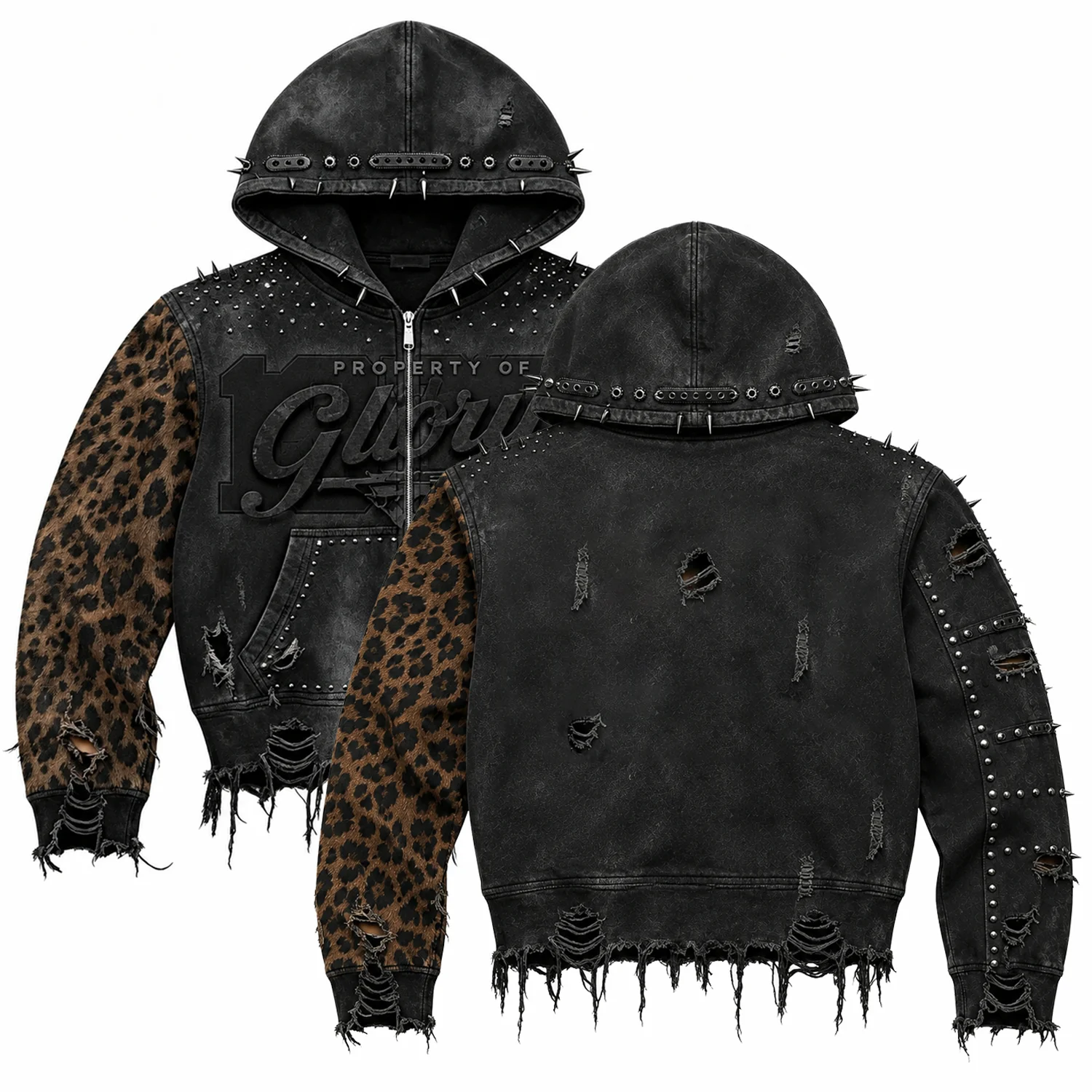 Custom Black Distressed Denim Hooded Jacket With Leopard Print Sleeve And Studded Spikes And Ripped Fringe Hem Trim Design