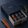 Midnight navy and antique bronze with watch strap stitch linework