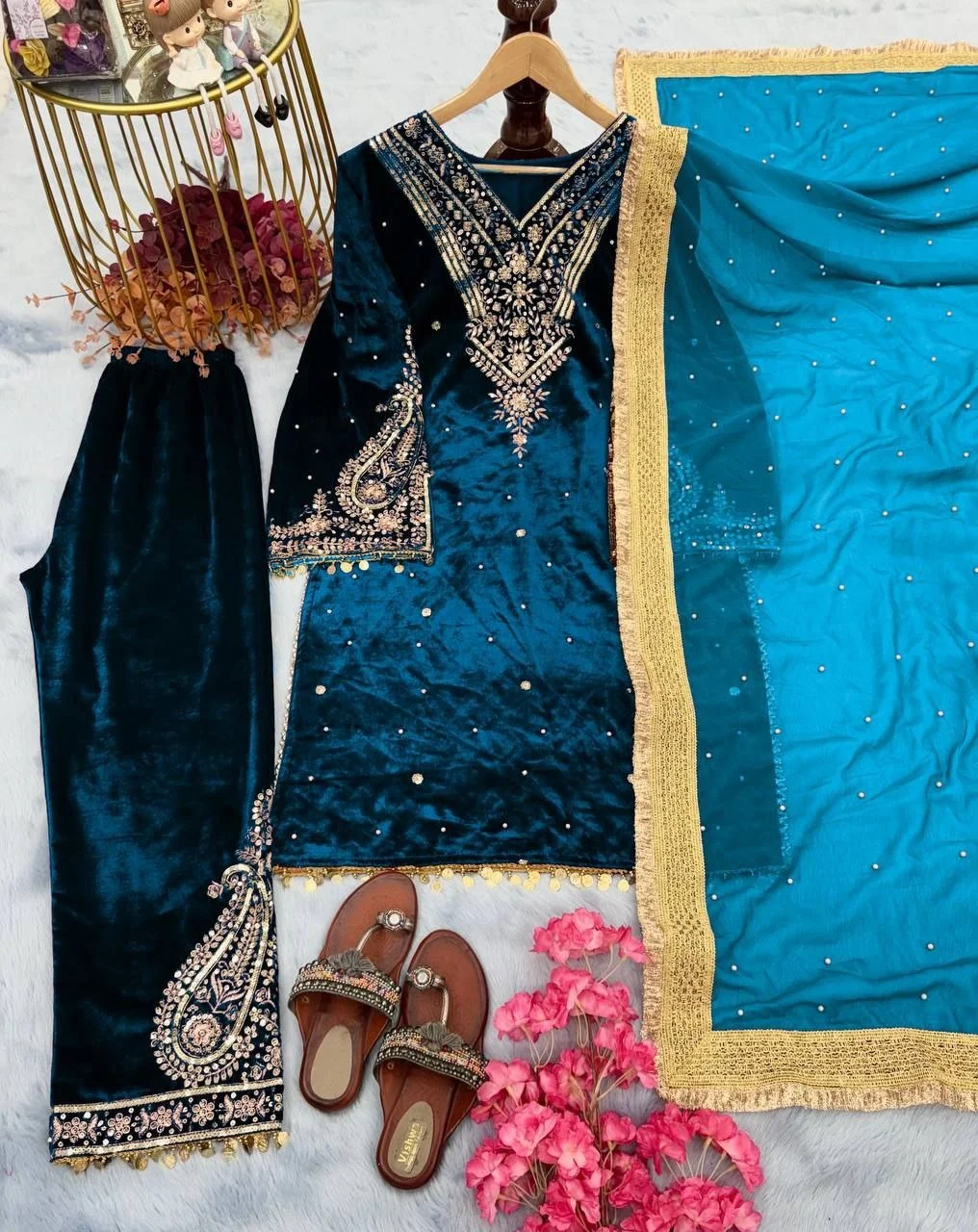 Pakistani Designer Velvet Suit Zari Embroidered Velvet Partywear Dress with Bell Sleeves Readymade 3 Piece Velvet Suit
