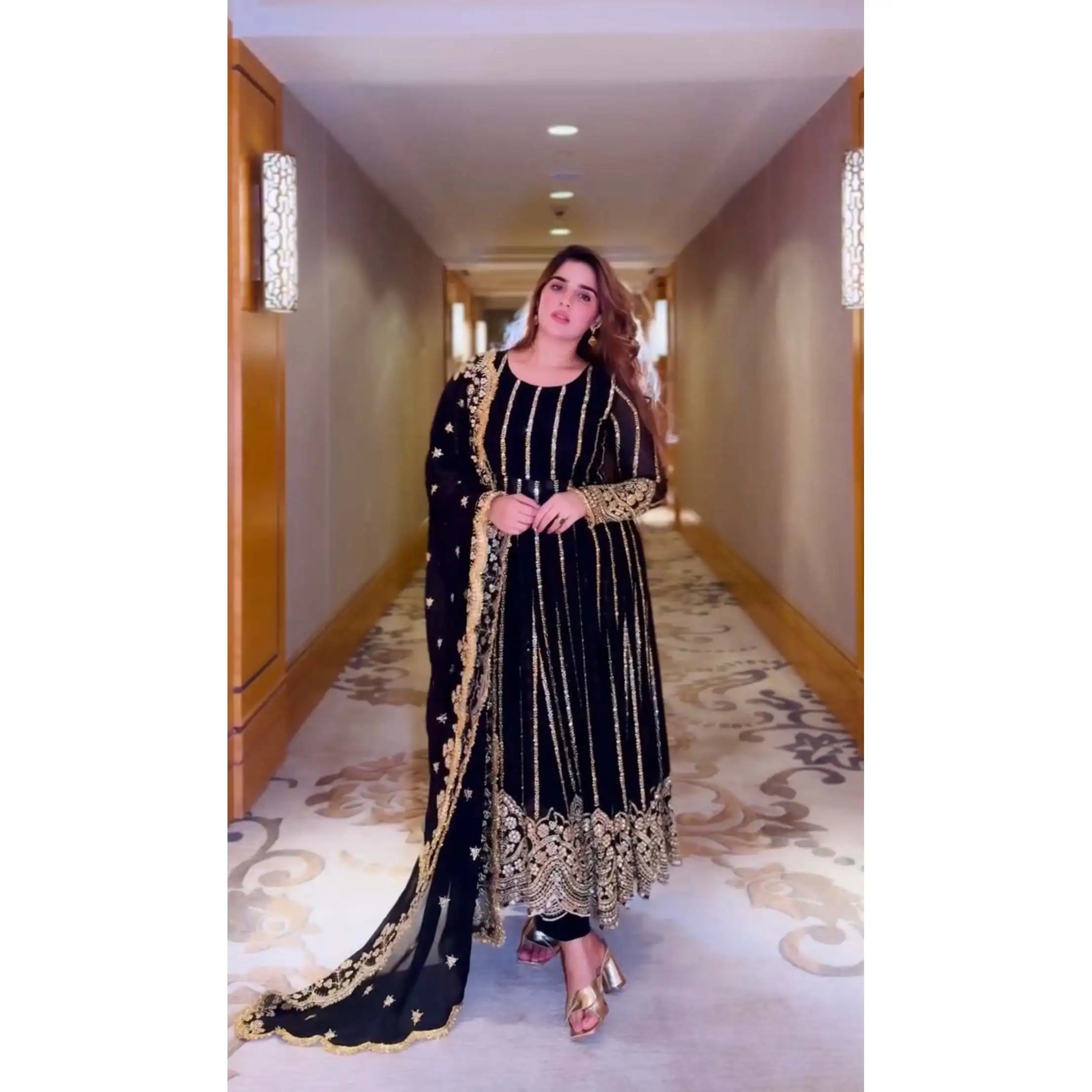 Wholesale Fancy Naira Cut Gown Embroidery Equence Work Bottom Dupatta with Embroidery Equence Black Prom Dress with Embroidery,1 Piece