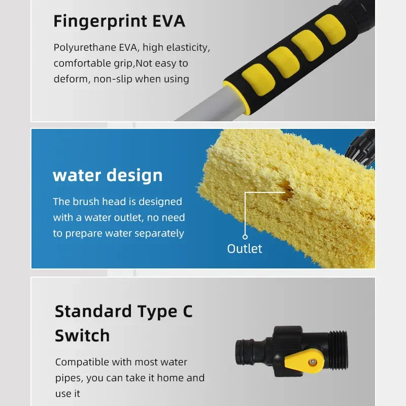 Soft Bristles Telescopic Flow Through Car Wash Brush EVA Material Cleaning Tool for Truck Boat Car Detailing