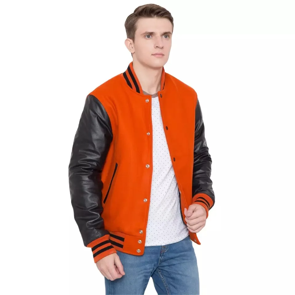 High Quality Men's Varsity Jacket Slim Fit Letterman Varsity Jacket Wool Body Genuine Leather Sleeves Breathable Stand Collar