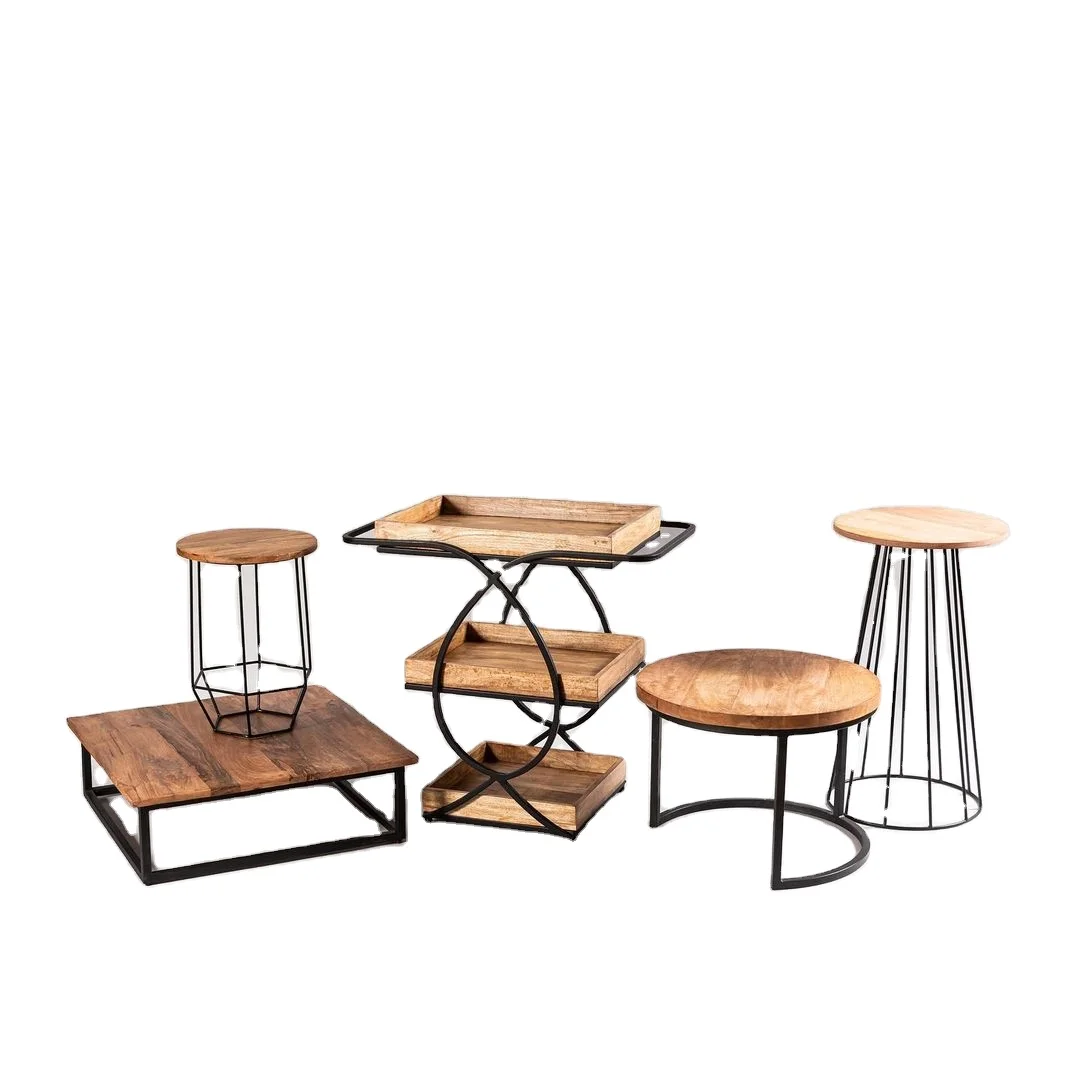 Nordic Round Corner Combination Wood and Iron Coffee Tables Living Room Furniture Wrought Iron Living Room Furniture Sets