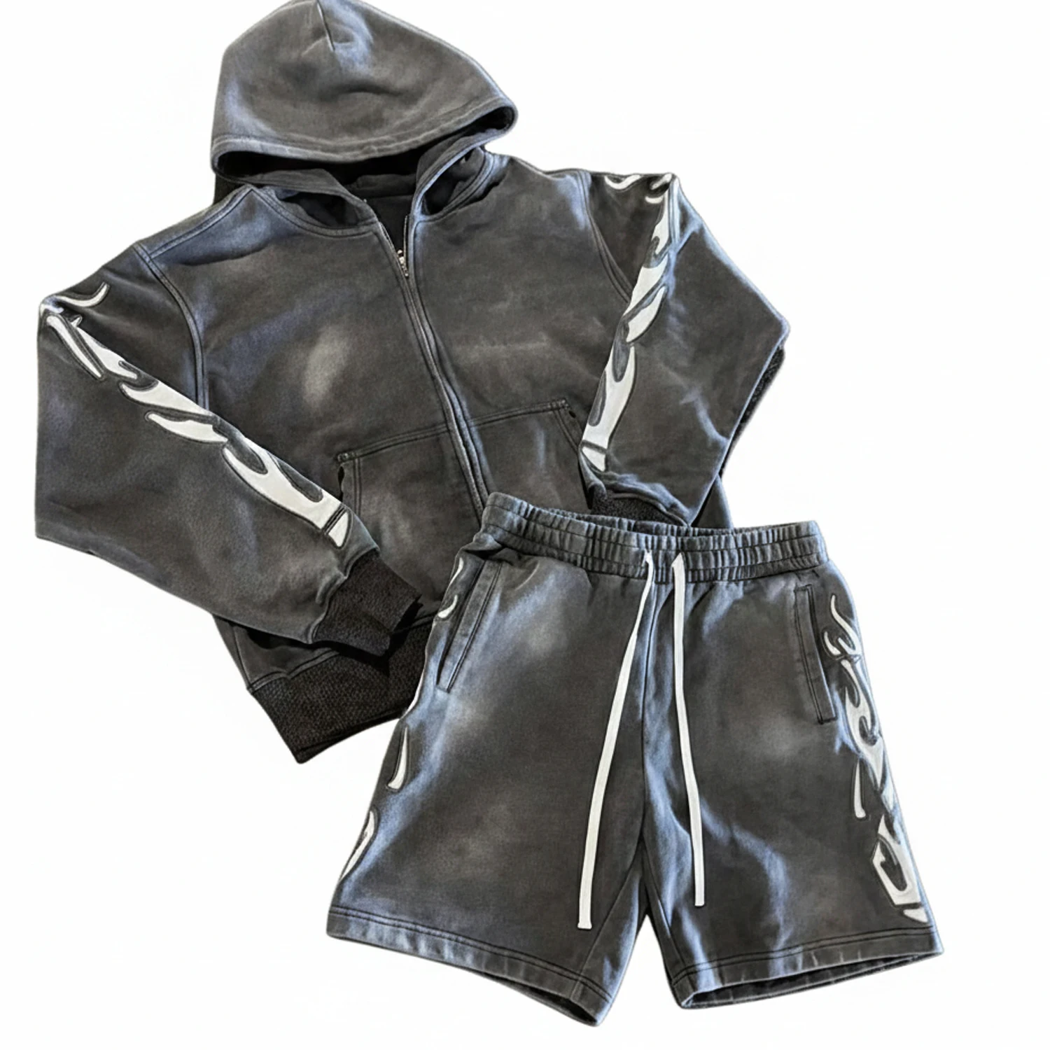 Glory Custom Vintage Men’s Sweatsuit 2-Piece Set Acid Wash Zip Hoodie & Shorts Cotton Tracksuit with Digital Print & Embroidery