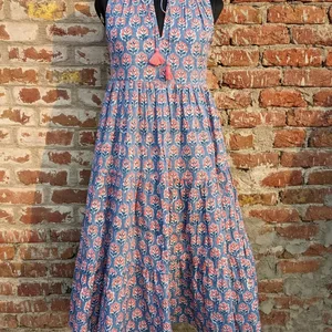 Women Hand-Block Printed Cotton Solid Pattern Maxi Length Tier Dress Made From Sustainable 100% Cotton Autumn/Summer Season