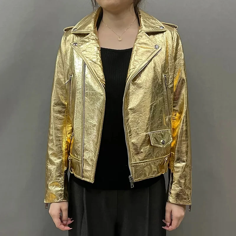 ジャケット Golden  Jackets Silver Silver Metallic Coated Jacket Men Bomber Jackets Slim Fit