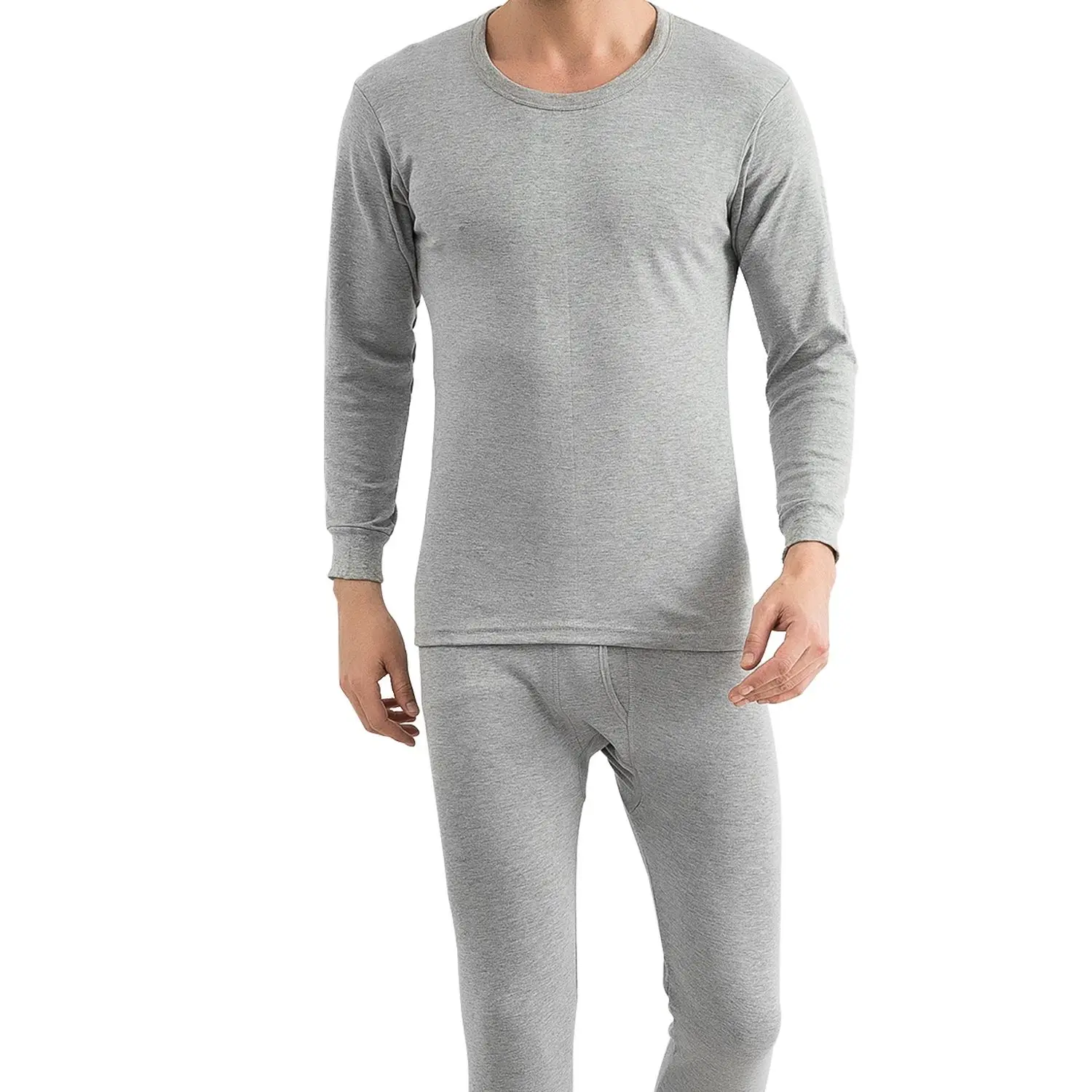 メンズ サーマル ロング ジョンズ セット 長袖 下着キット クルーネック ウィンター スポーツウェア グレー M L XL XXL