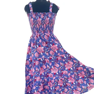Indian Cotton Hand Block Printed Square Neck Sleeveless Maxi Dress Solid Pattern Gown in Summer & Autumn Season Sustainable