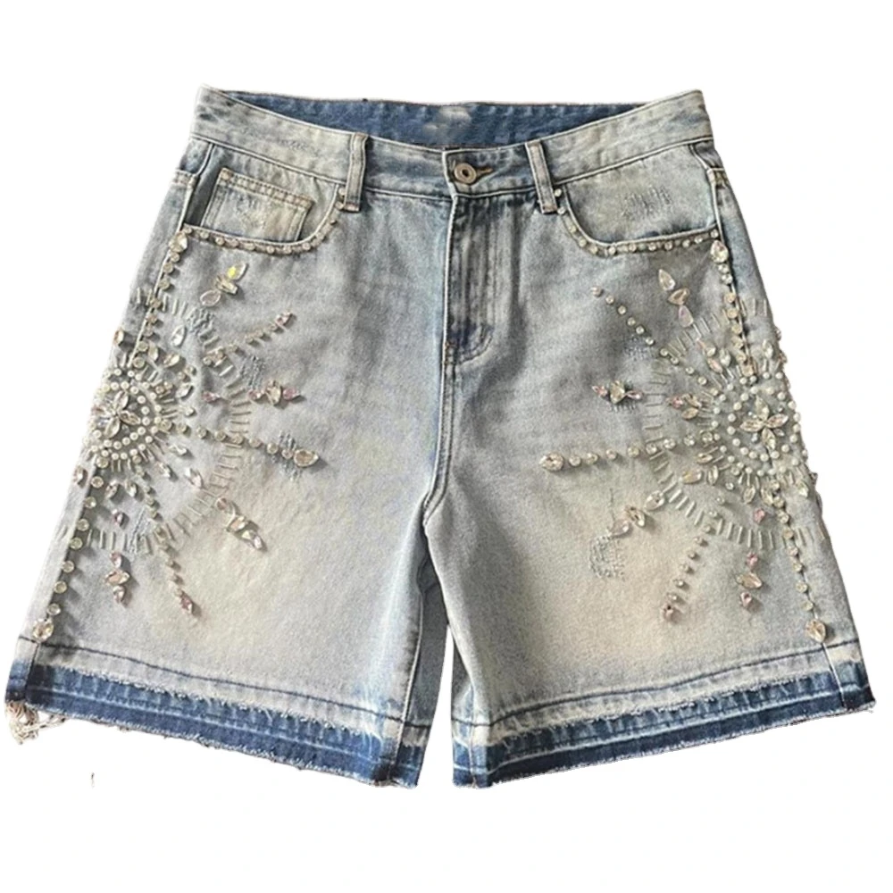 Glory MEN Rhinestone Denim Shorts High Quality Spandex/Polyester Plain Dyed Gym Sports Quick Dry Elastic Waist Formal Streetwear