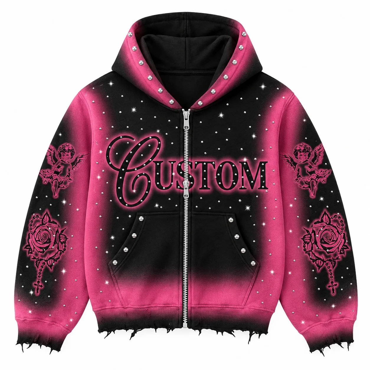 Custom Pink And Black Zip Up Hoodie With Rhinestone Angel Print And Raw Frayed Hem Design For Unisex Wear
