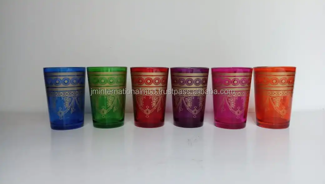 Moroccan Tea Glass Set of 6 Big Gold Shot Glasses Party Shot Glasses With Colorful Print