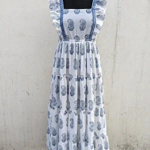 Indian Cotton Linen Maxi Dress Hand Block Printed Breathable Summer Costume with White Tiered Gift for Her Natural Waistline