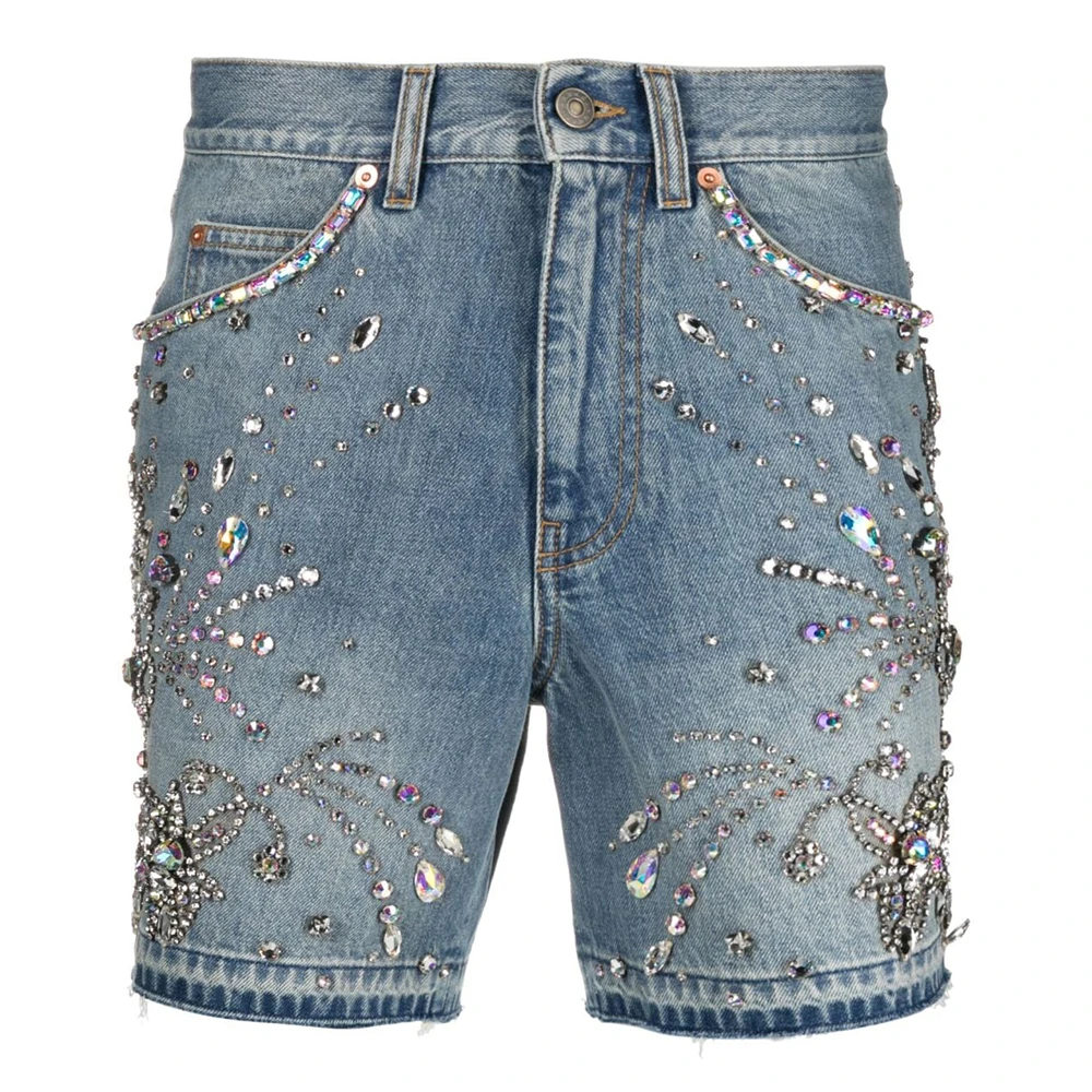 Glory MEN Rhinestone Denim Shorts High Quality Spandex/Polyester Plain Dyed Gym Sports Quick Dry Elastic Waist Formal Streetwear