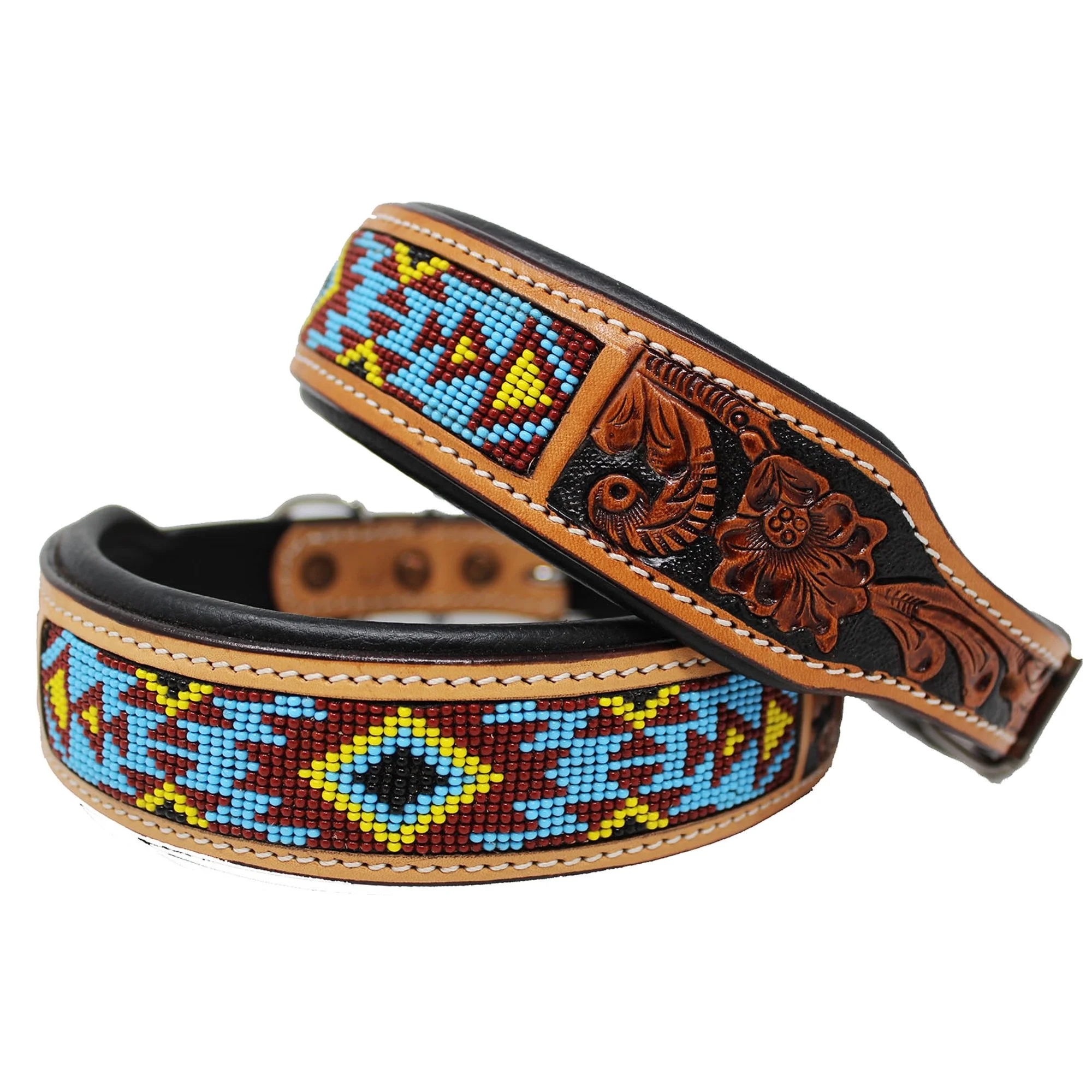 Cow Leather Soft Padded Dog Collars With Bead Work & Hand Tooled Design