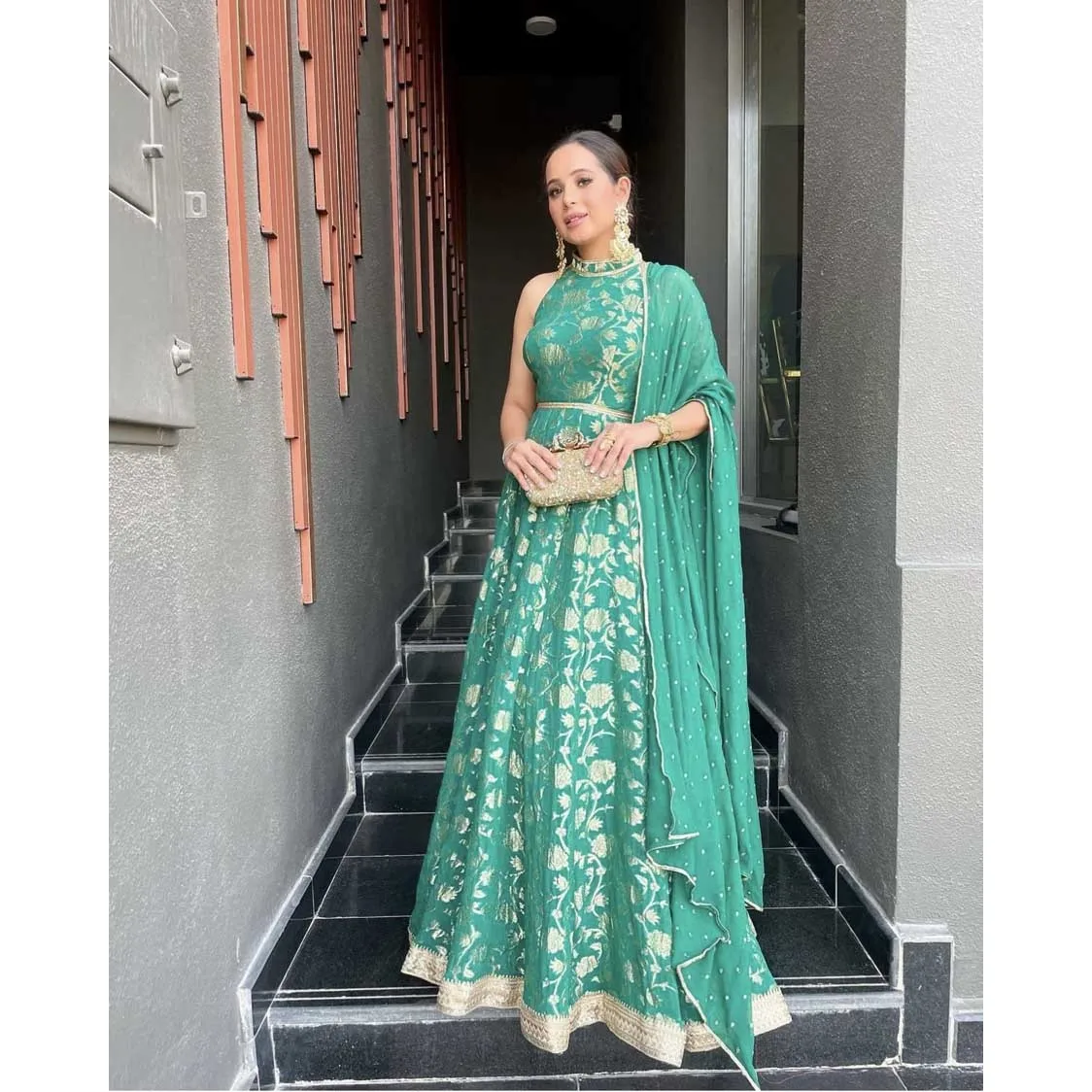 Banarasi Dupatta Long Gown Dress With Dupatta Dark Purple Silk