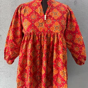 Ethically Handcrafted in India Block Printed Blouse Top Pure Cotton-Casual Floral Print V-Neck Long Sleeve Maxi Dress For Women