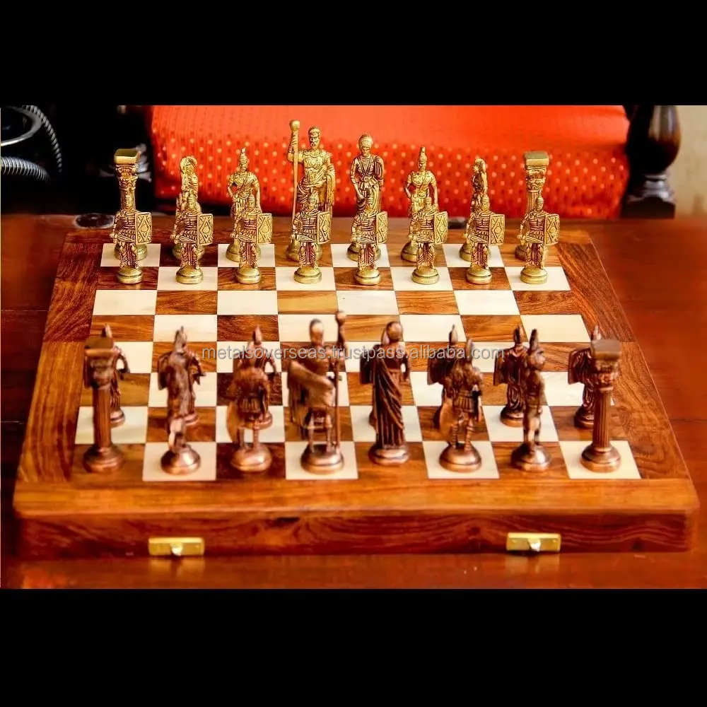 Premium Roman Chess Set with Brass Sculpted Pieces in Ancient Roman Style and Wooden Board for Kids Professionals and Adults