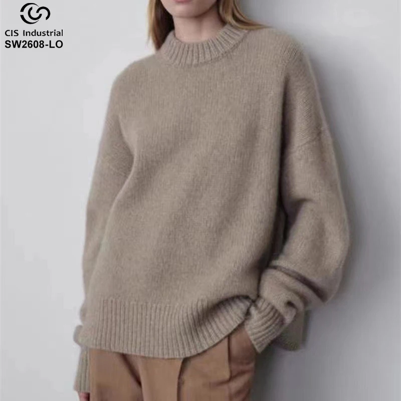 Hand Crocheted Oversized Sweater for Woman Winter Loose Knitted Pullover Crew Neck Long-sleeved Solid Comfortable Sweater
