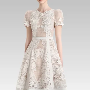 2026 Top Trendsetting Luxury Women's Casual Slim Classic Embroidery Hollow Style Hook Flower High Waist Short-Sleeved Dress