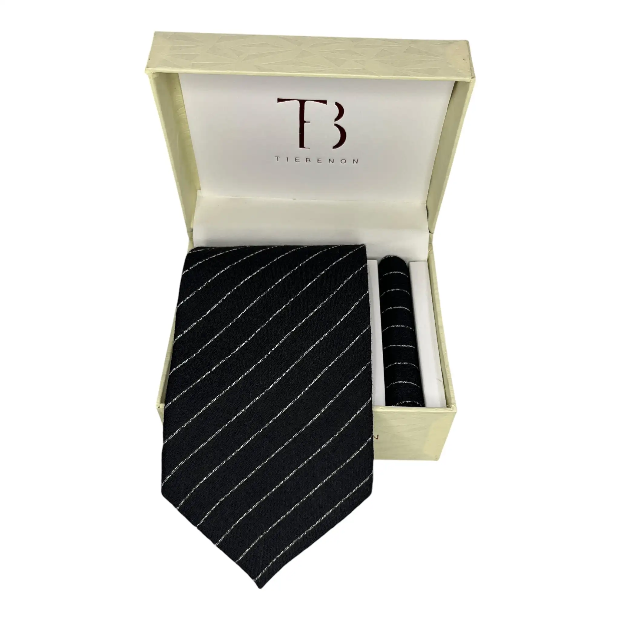 Tie Benon Elegant Men's Blue & Black Silk Pin Stripe Tie and Pocket Square Gift Combo