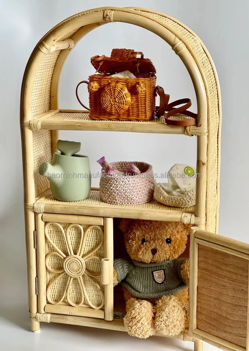 Handmade Rattan With Weave Cane bing 3shelf,Bookshelf For
