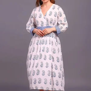 Hand Block Printed Maxi Dress Indian Tunics Women Cotton V-neck Long Sleeve Floral Print Summer Dress Gift For Her