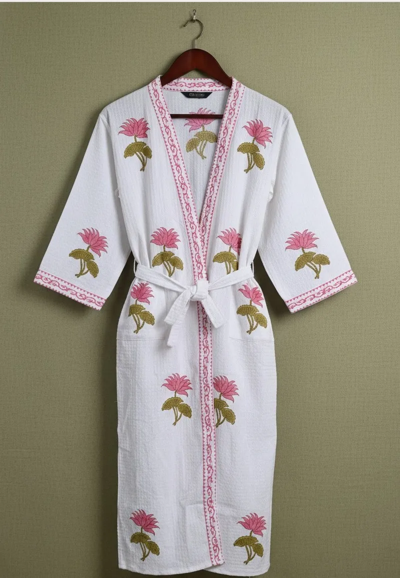 Unisex Organic Cotton Waffle Robe Hand Block Floral Printed Breathable Bridesmaid Bathrobe for Men and Women Sleepwear Kimono