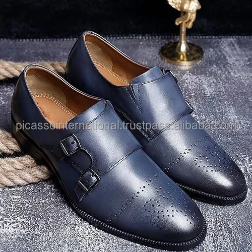 Double Blue Monk Strap Designer Casual Wear Oxford Trendy Office Business Genuine Leather Formal Shoes from Indian Supplier