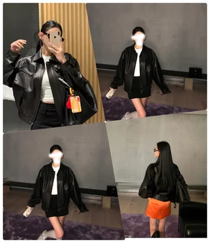 Custom Fashion lady Short Slim Streetwear Casual Oversized Solid Female Outwear Coat black Motorcycle Leather Jacket for women