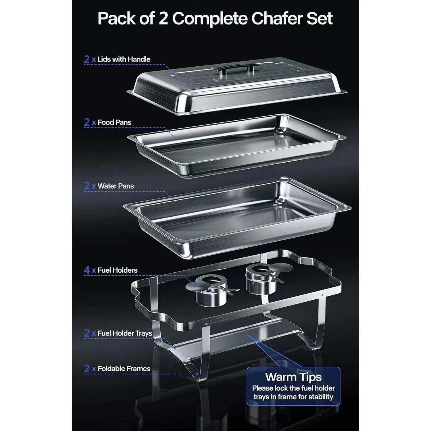 Stainless Steel Buffet Dish Set 2 Sets Rectangle Serving Tray With Lid For Home Party Tableware - Image 4