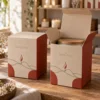 uncoated oat paper with rust-red side panels and black line art