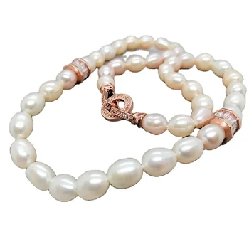2021 Best Selling Trendy Fresh Water Pearl Pave setting CZ & Rose Gold Plated Strand & String Necklaces Women Accessories