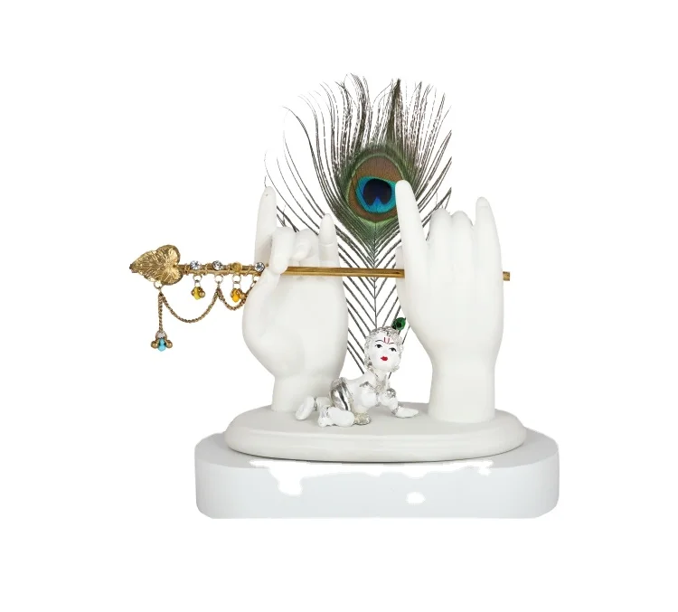 Statue Of Krishna Hands With Flute And Peacock Feather Divine Gifts