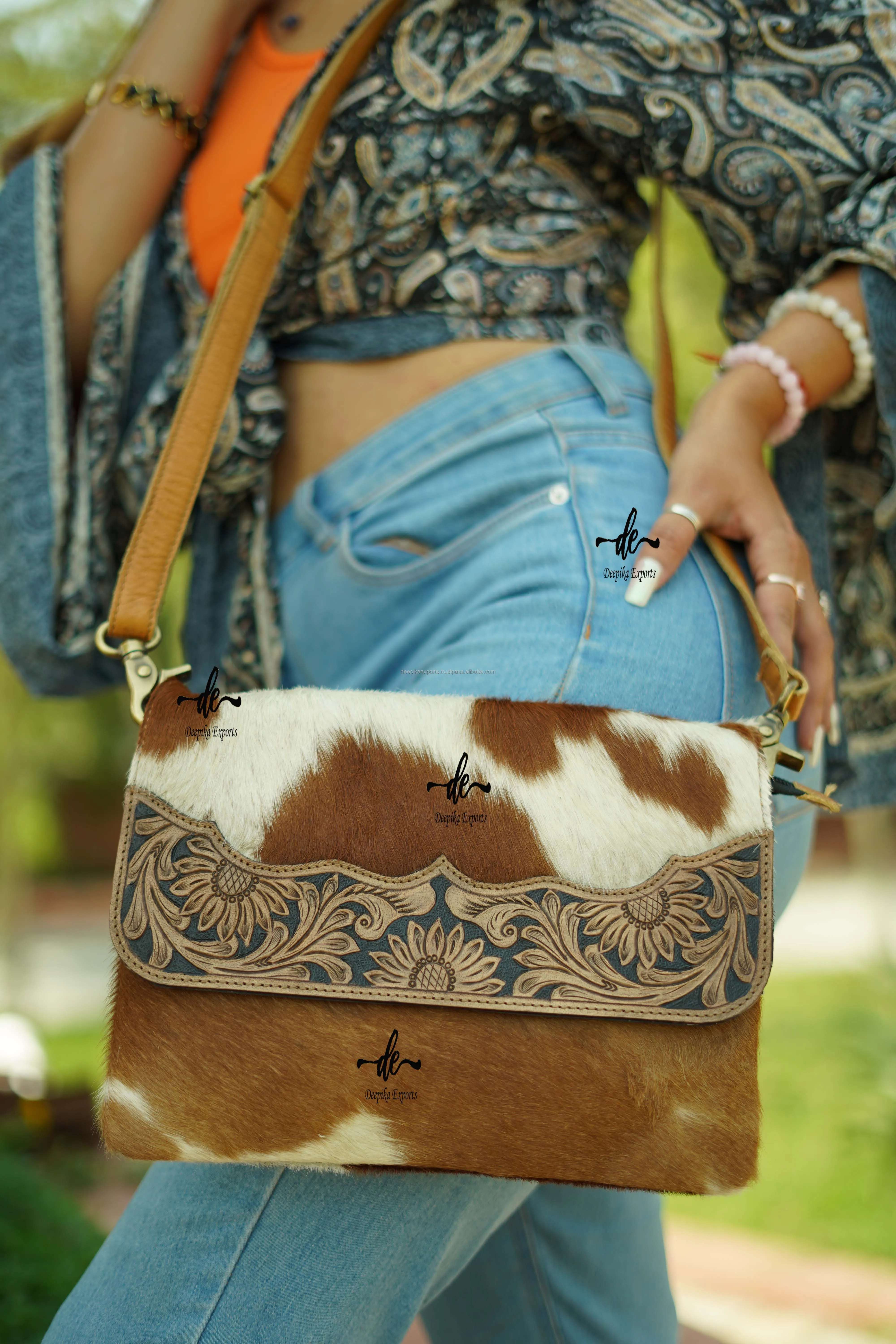 Hand Tooled Leather Handbag Real Cowhide Leather Bag Carving Bohemian